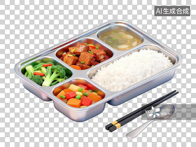 【AI数字艺术】3D渲染，一份简餐，便饭，便当，食堂，工作餐，扁平化风格，免抠元素图片素材