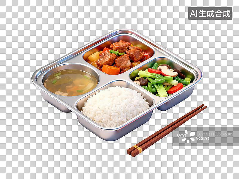 【AI数字艺术】3D渲染，一份简餐，便饭，便当，食堂，工作餐，扁平化风格，免抠元素图片素材