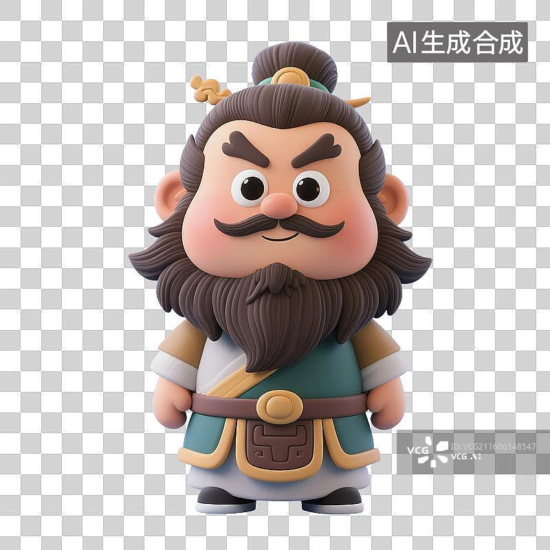 【AI数字艺术】3D渲染中国风古代Q版卡通人物，门神张飞，武将，将军，拿着兵器的将军，免抠元素图片素材