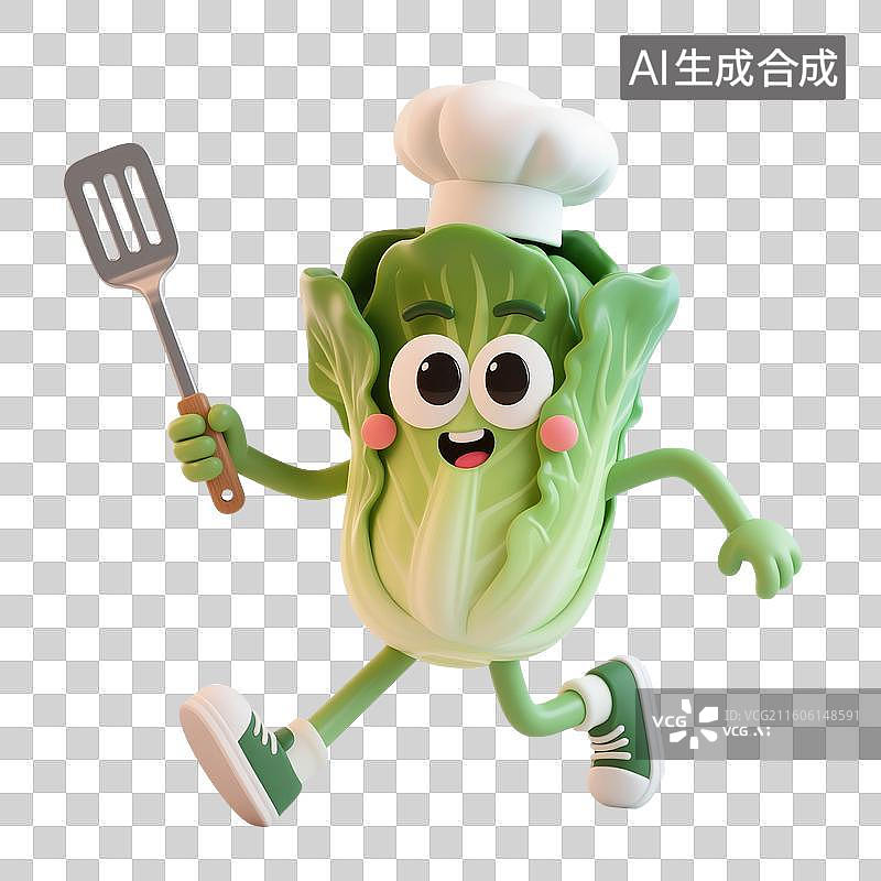 【AI数字艺术】3D渲染，厨师烹调，卡通大白菜，青菜，植物蔬菜免抠元素图片素材