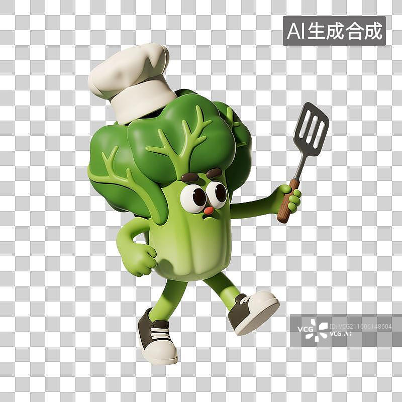 【AI数字艺术】3D渲染，厨师烹调，卡通大白菜，青菜，植物蔬菜免抠元素图片素材