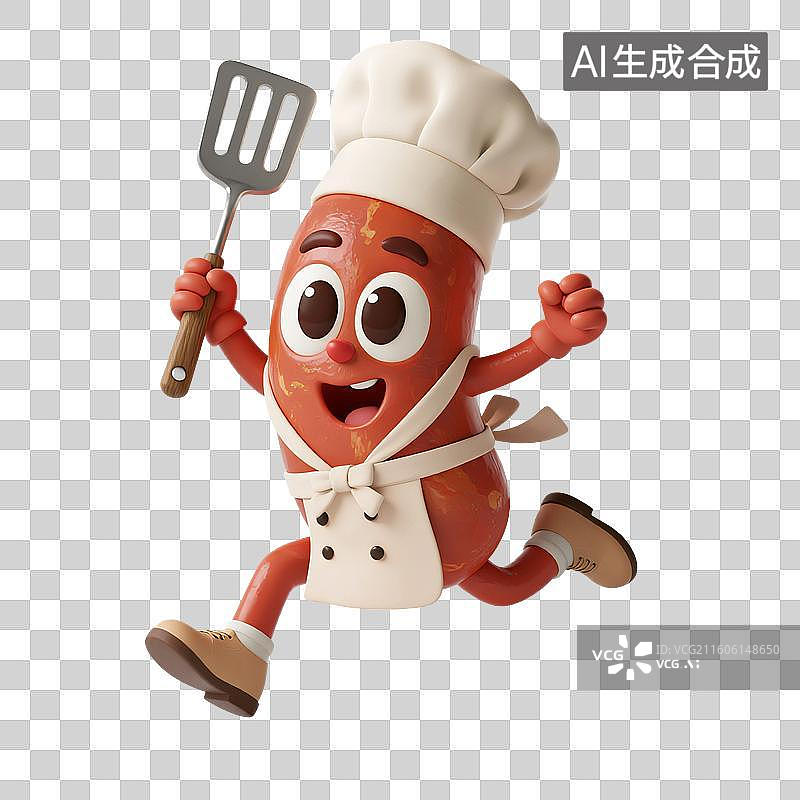 【AI数字艺术】3D渲染，厨师烹调，可爱的卡通热狗，腊肠，香肠，肉肠，烤肠，美味食物免抠元素图片素材