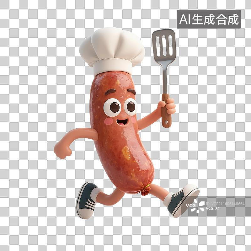 【AI数字艺术】3D渲染，厨师烹调，可爱的卡通热狗，腊肠，香肠，肉肠，烤肠，美味食物免抠元素图片素材