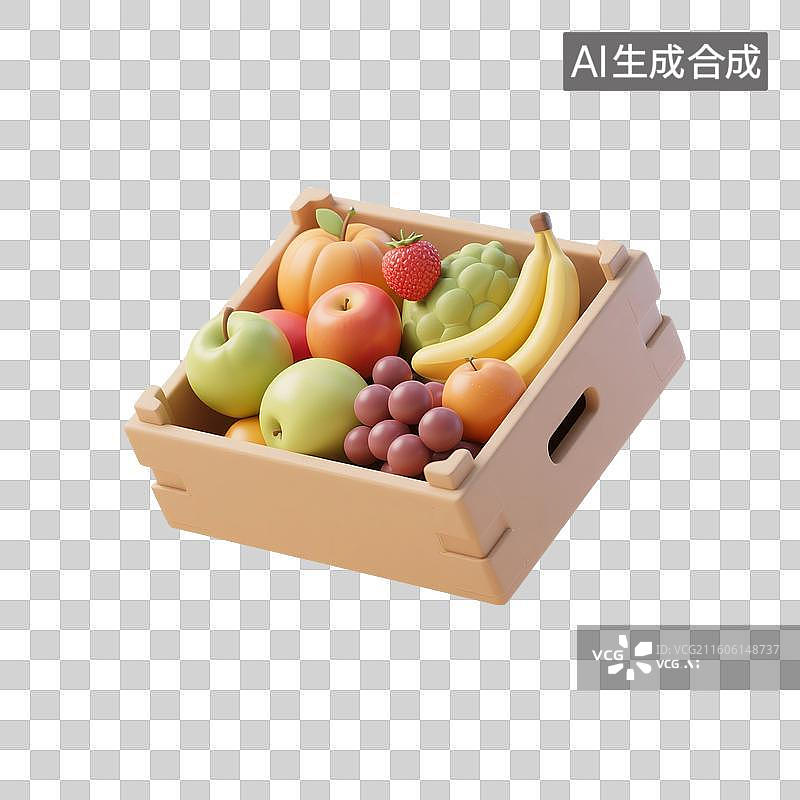 【AI数字艺术】3D渲染，一箱水果蔬菜，超级市场，购物，促销，免抠元素图片素材