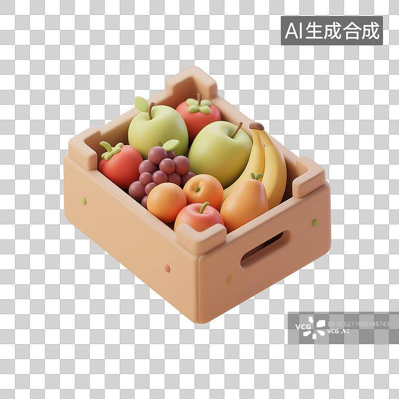【AI数字艺术】3D渲染，一箱水果蔬菜，超级市场，购物，促销，免抠元素图片素材