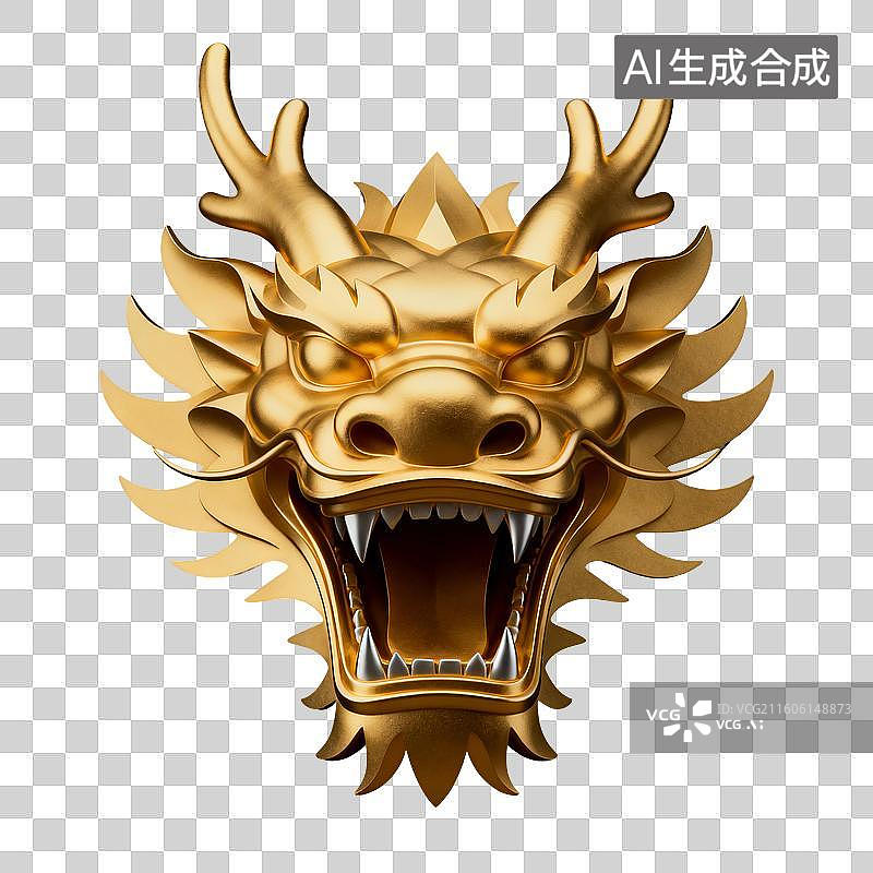 【AI数字艺术】3D渲染国潮风，金色龙头，中国龙，十二生肖，新年，春节，国庆节，元宵节，中国传统节日，免抠元素图片素材