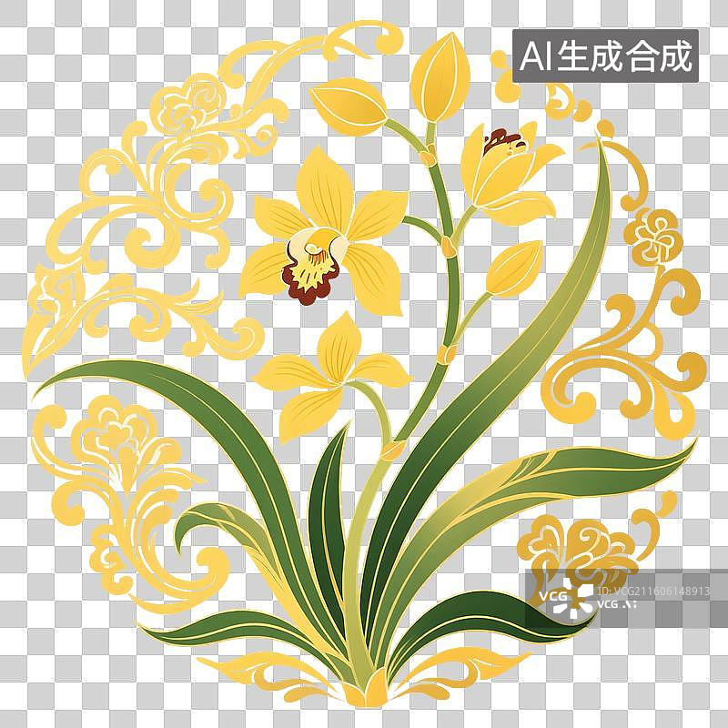 【AI数字艺术】中国风插画，传统图案花纹，兰花，兰草，春节，新年，元宵节，中秋节，国庆节，免抠元素图片素材