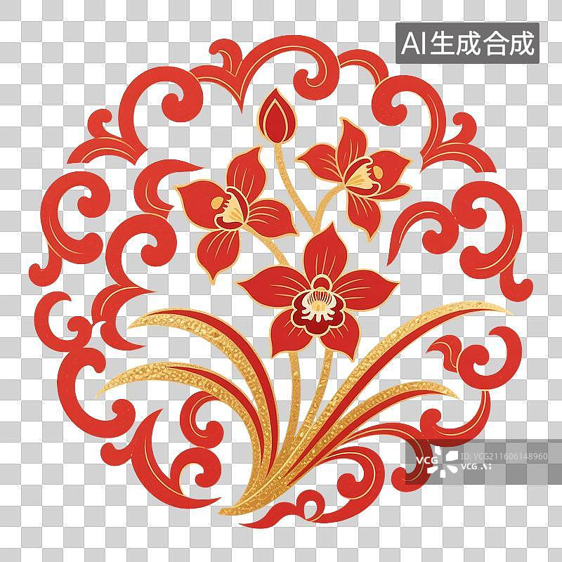 【AI数字艺术】中国风插画，传统图案花纹，兰花，兰草，春节，新年，元宵节，中秋节，国庆节，免抠元素图片素材