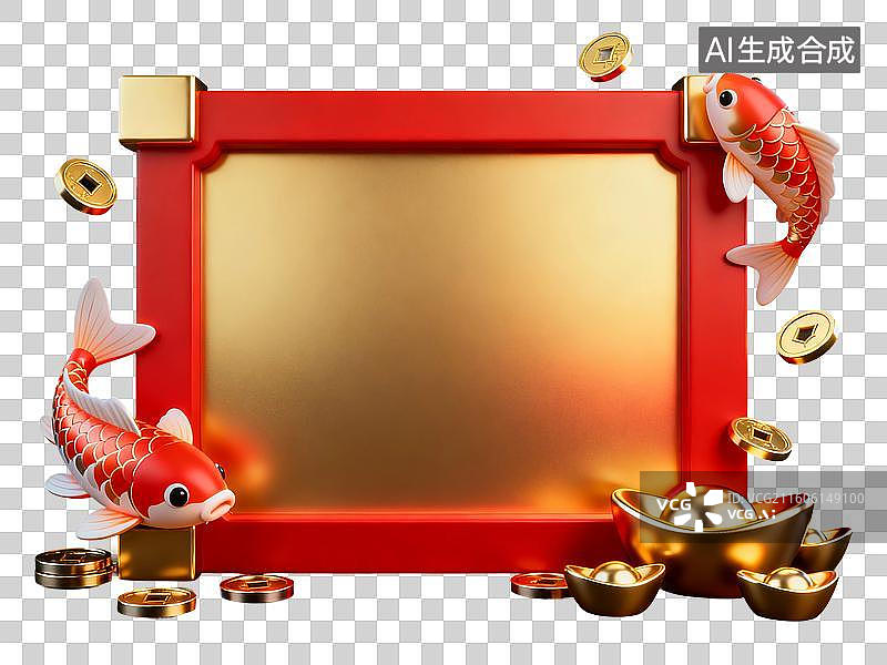【AI数字艺术】3D渲染，中国风边框，鲤鱼，锦鲤，春节，新年，元宵节，中秋节，国庆节，高考加油，金榜题名，免抠元素图片素材