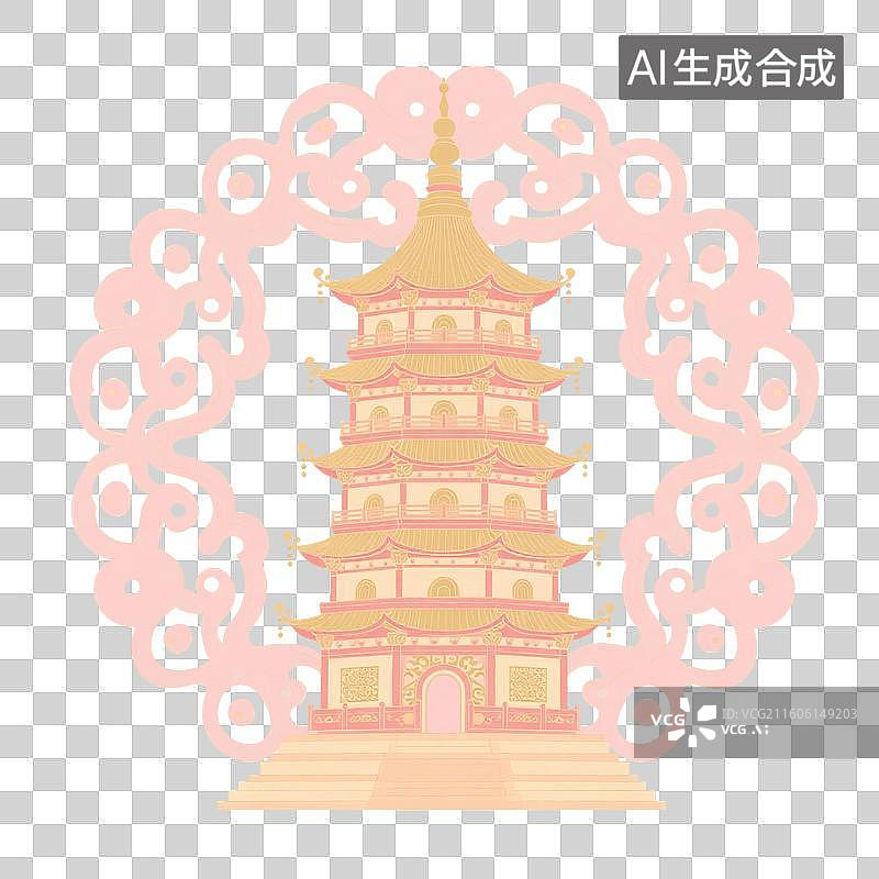 【AI数字艺术】国潮风手绘插画，中国古代楼阁，宝塔，中式古代建筑，亭台楼阁，园林景观，免抠元素图片素材