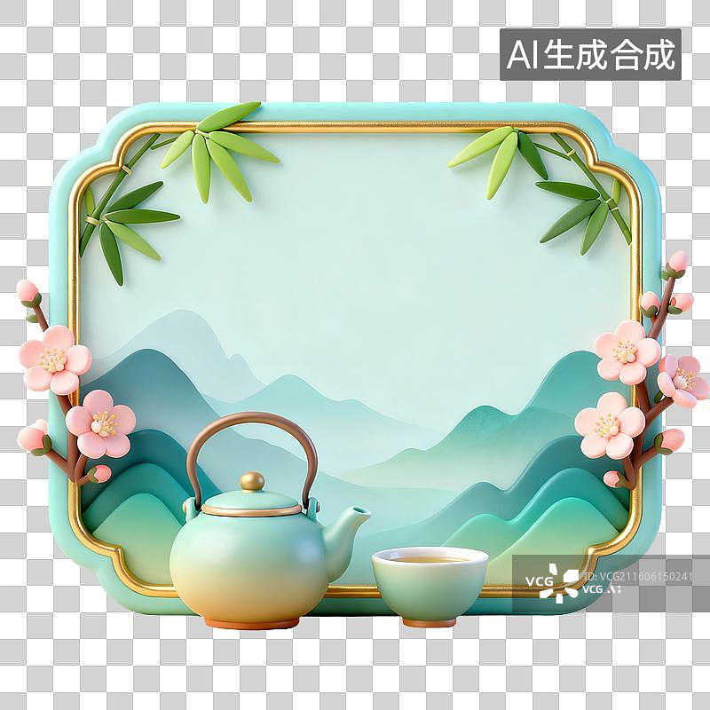 【AI数字艺术】3D渲染，中国风边框，盖碗茶，山水画，茶具，茶壶茶杯，春茶，茶叶，茶文化，茶道免抠元素图片素材