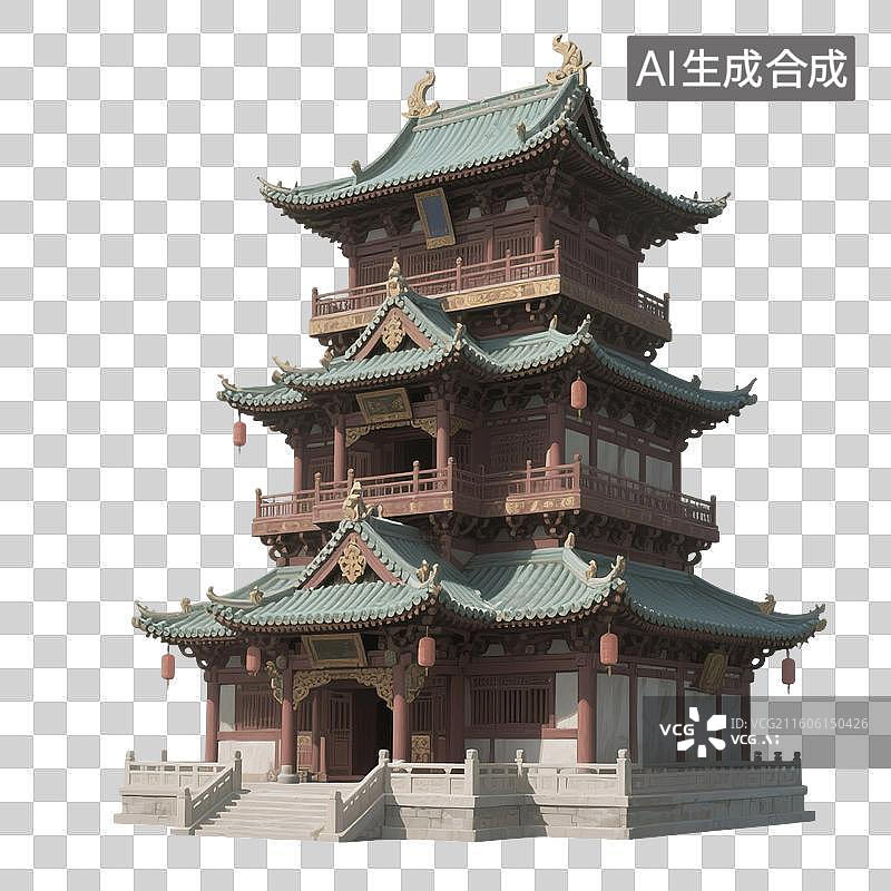 【AI数字艺术】国潮风手绘插画，中国古代楼阁，宝塔，中式古代建筑，凉亭，亭台楼阁，园林景观，免抠元素图片素材