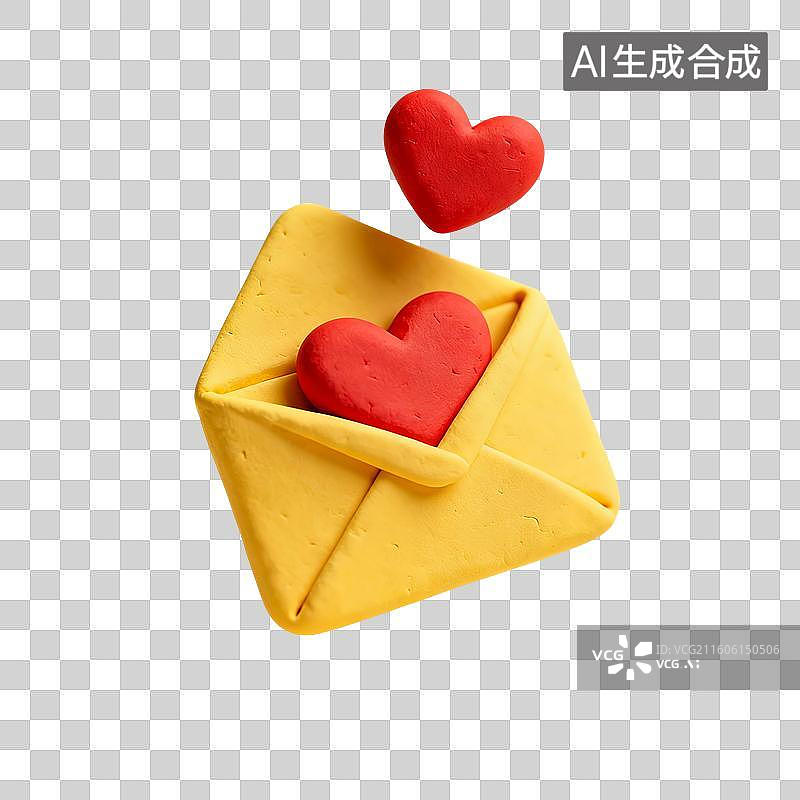 【AI数字艺术】3D渲染，卡通粘土风格，情书，一封情书，信封，信件，情书，来信，免抠元素图片素材
