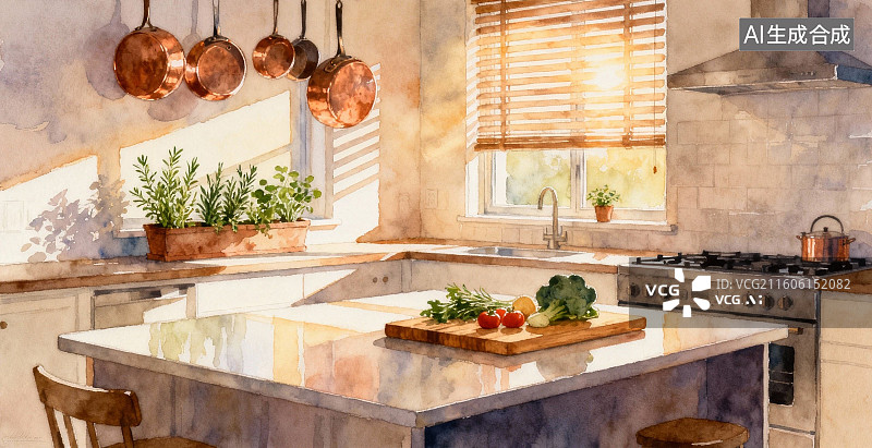 【AI数字艺术】明亮厨房水彩画图片素材