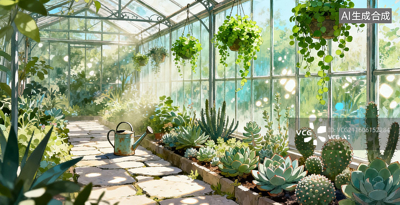 【AI数字艺术】温室中的多肉植物花园图片素材