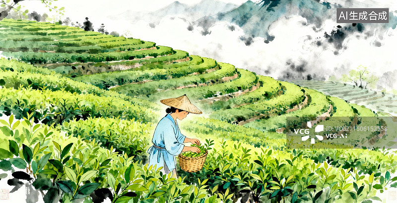 【AI数字艺术】采茶人行于梯田茶园图片素材