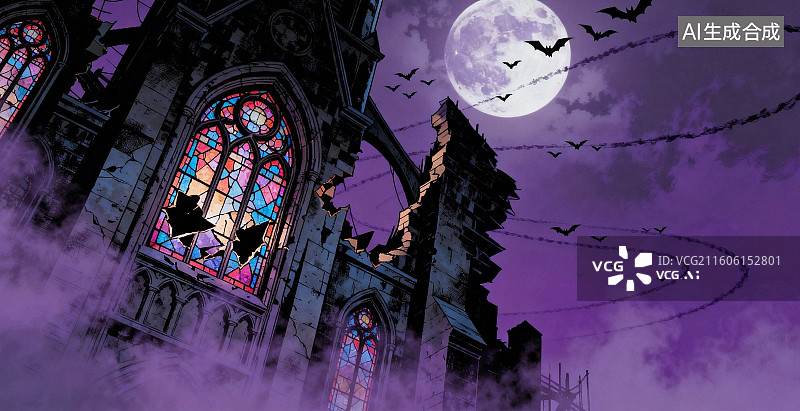 【AI数字艺术】月夜古堡与飞蝠图片素材