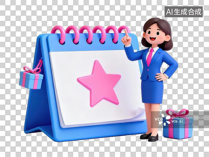 【AI数字艺术】卡通女性指向日历星标图片素材