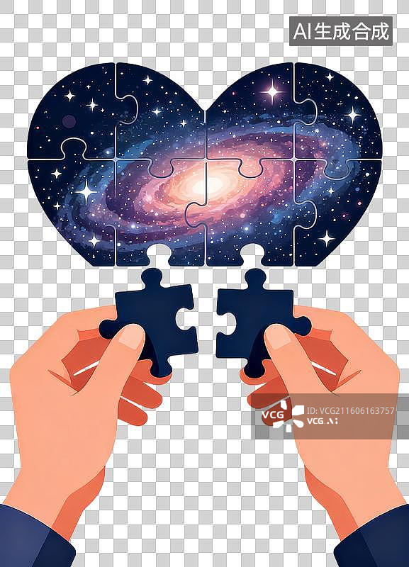 【AI数字艺术】心型拼图 手拿拼块拼图进行时 婚恋主题概念插画图片素材