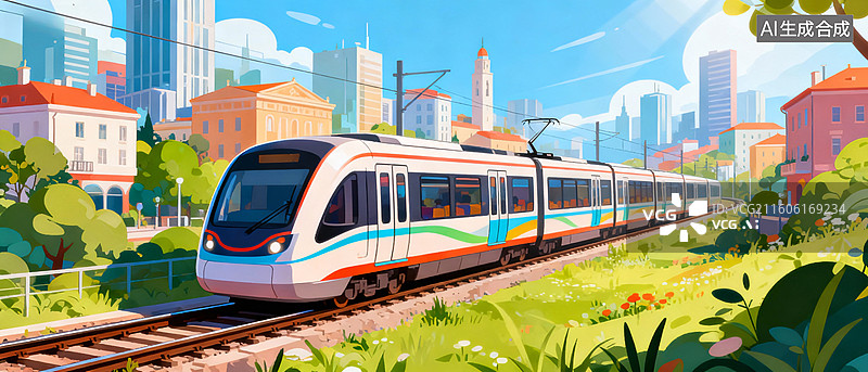 【AI数字艺术】现代城市轻轨交通插画图片素材