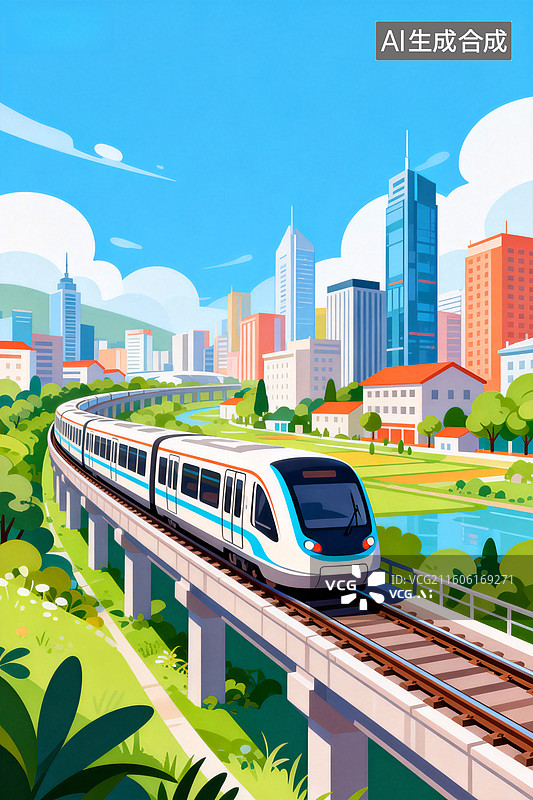 【AI数字艺术】现代城市轻轨交通插画图片素材
