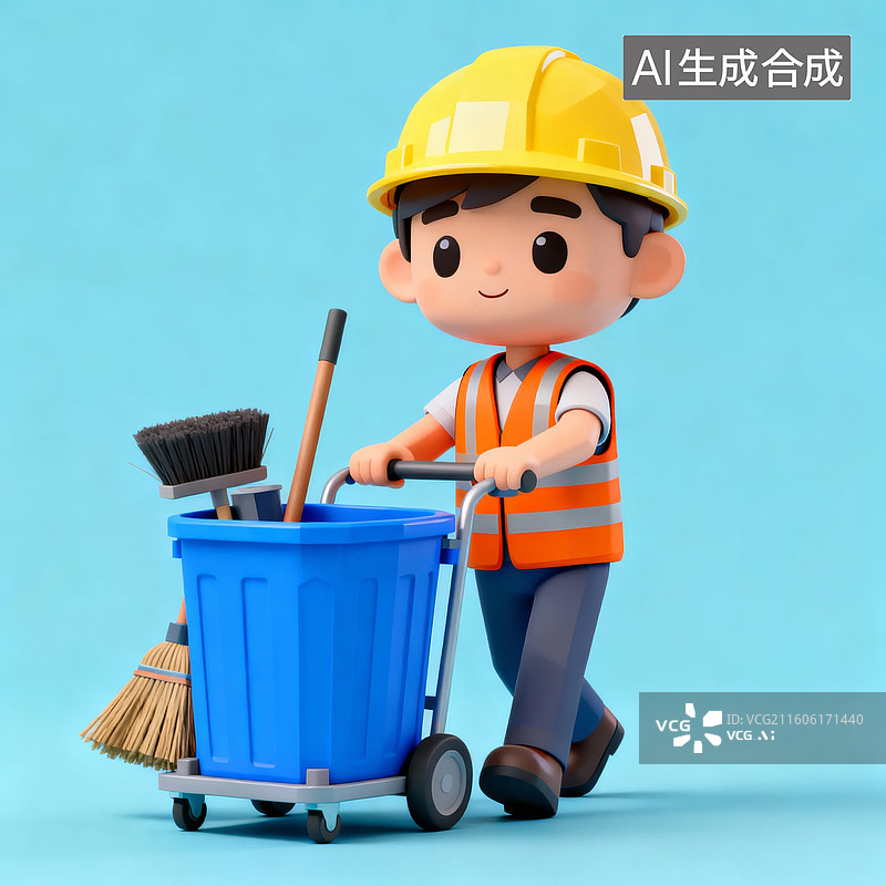 【AI数字艺术】卡通清洁工推着清洁车图片素材