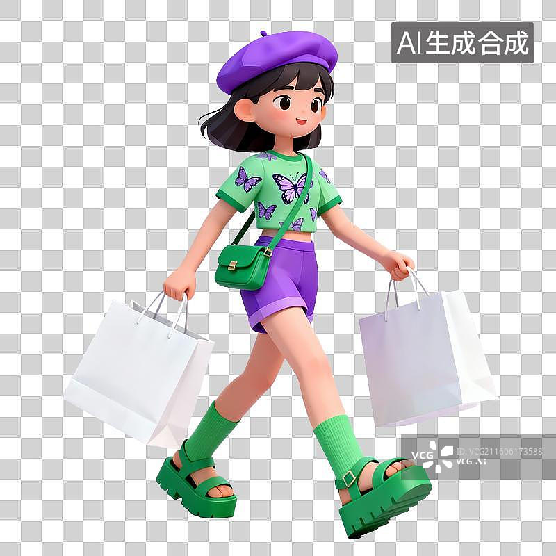 【AI数字艺术】卡通女孩提购物袋行走图片素材