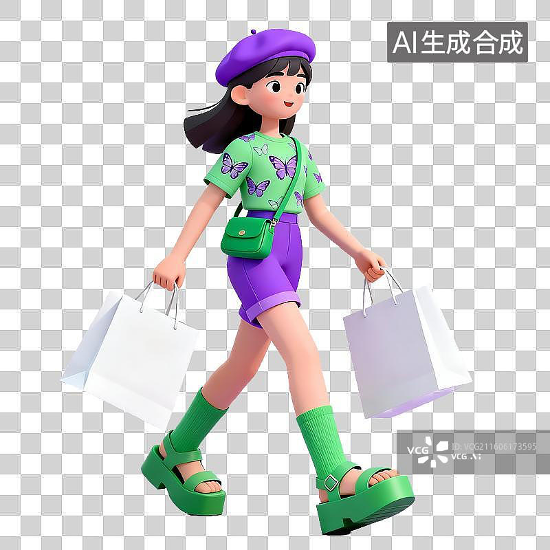 【AI数字艺术】卡通女孩提购物袋行走图片素材