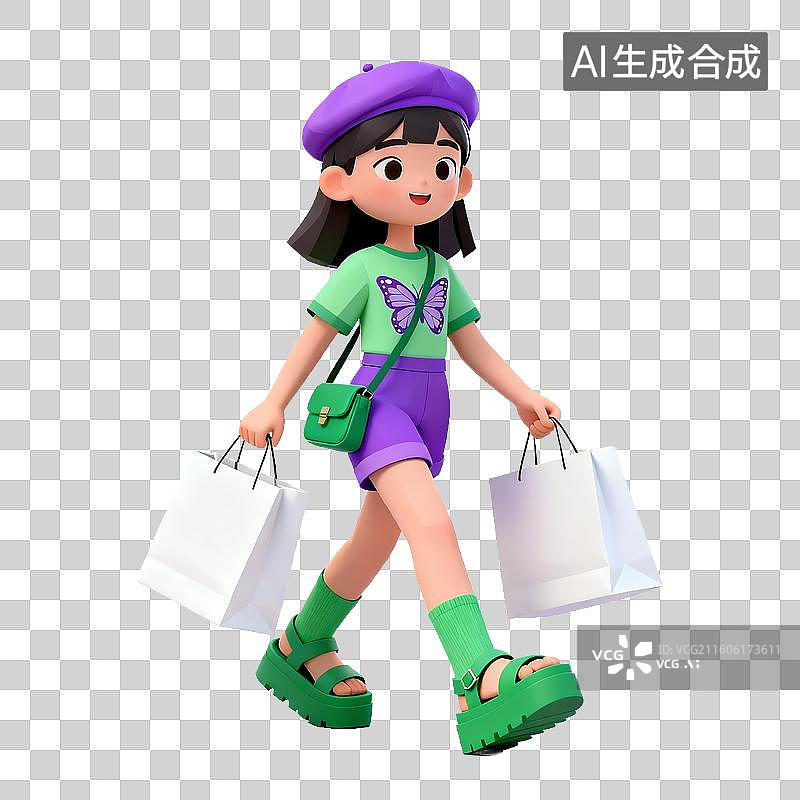 【AI数字艺术】卡通女孩提购物袋行走图片素材