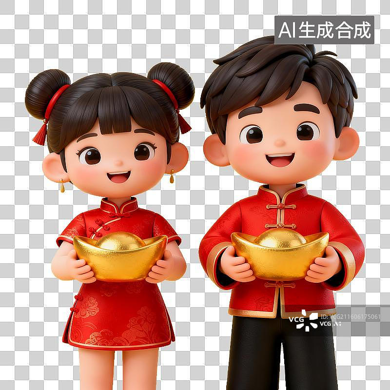 【AI数字艺术】中国节日 年俗 卡通人物手持金元宝图片素材