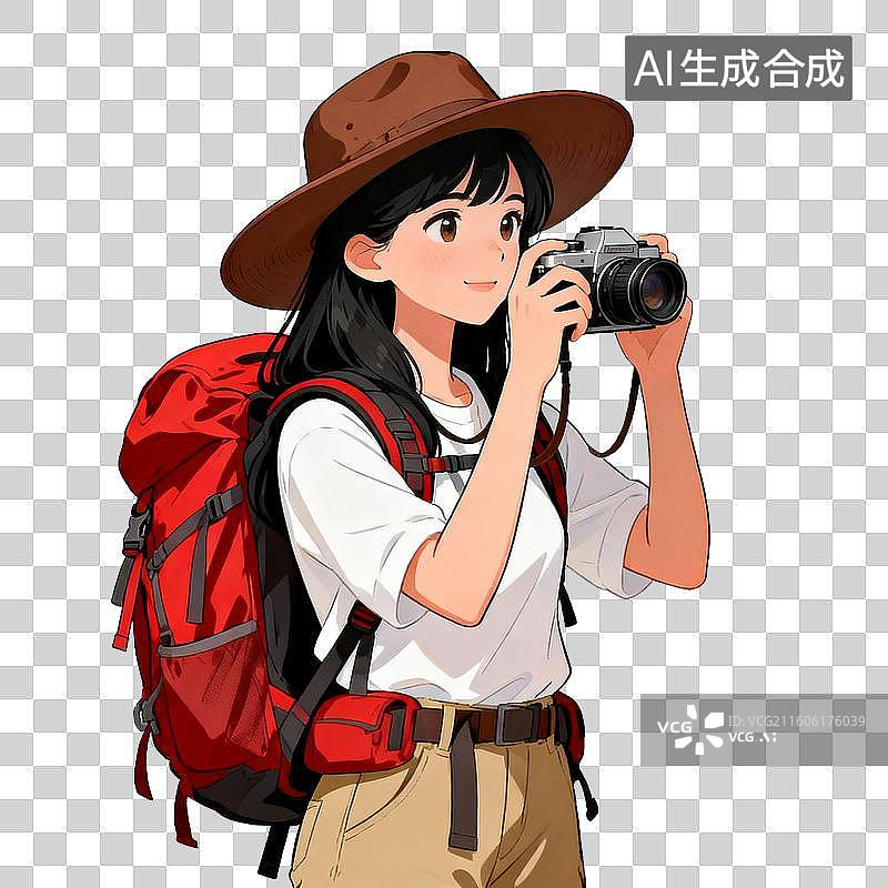 【AI数字艺术】戴帽女子手持相机拍照图片素材