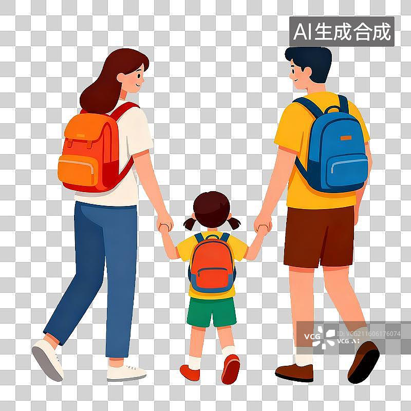 【AI数字艺术】一家三口手牵手步行图片素材