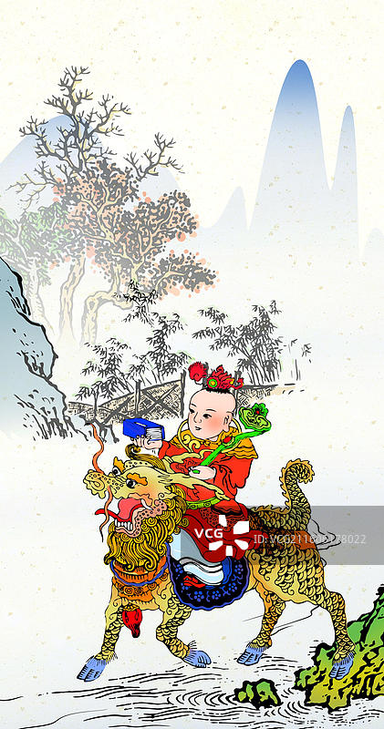 传统文化中国风复古木版水印年画儿童题材教育行业插画图片素材