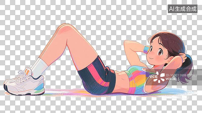 【AI数字艺术】手绘彩铅插画正在健身房做卷腹仰卧起坐的年轻女孩元素图片素材