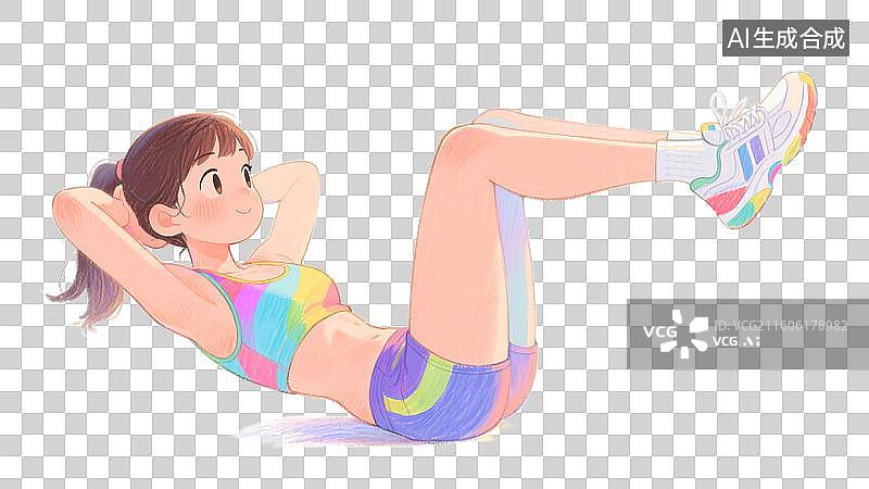 【AI数字艺术】手绘彩铅插画正在健身房做卷腹仰卧起坐的年轻女孩元素图片素材