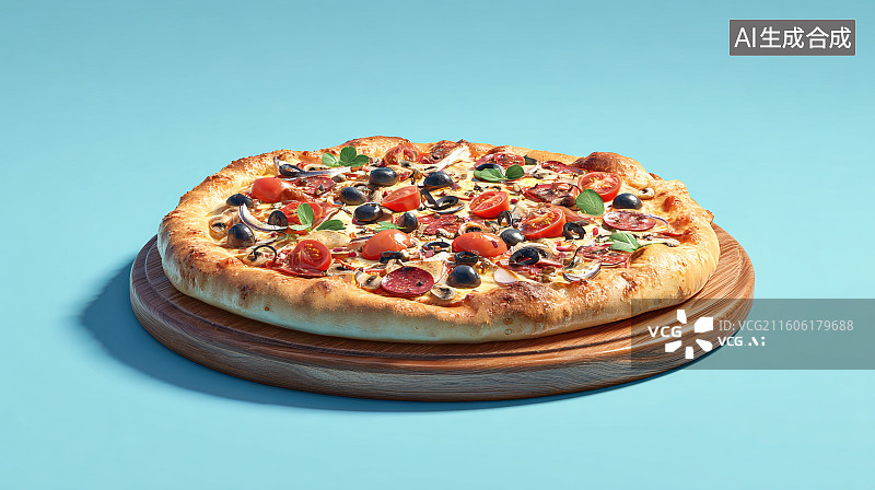 【AI数字艺术】蓝色背景的美味披萨图片素材