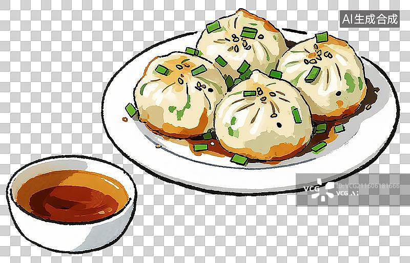 【AI数字艺术】一盘生煎包子和一碟酱汁图片素材