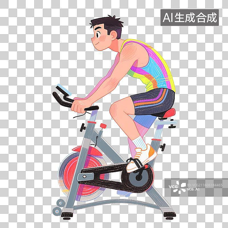 【AI数字艺术】手绘彩铅插画正在健身房骑动感单车减肥瘦身的年轻男性元素图片素材