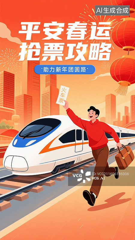 【AI数字艺术】平安春运回家过年，春运冬天回乡的列车，行驶的火车，橙色城市高楼背景， 回家过年节日氛围海报 竖版图片素材