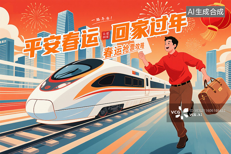 【AI数字艺术】平安春运回家过年，春运冬天回乡的列车，行驶的火车，橙色城市高楼背景， 回家过年节日氛围海报 横版图片素材