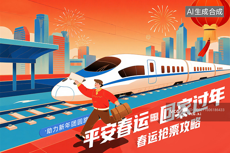 【AI数字艺术】平安春运回家过年，春运冬天回乡的列车，行驶的火车，橙色城市高楼背景， 回家过年节日氛围海报 横版图片素材