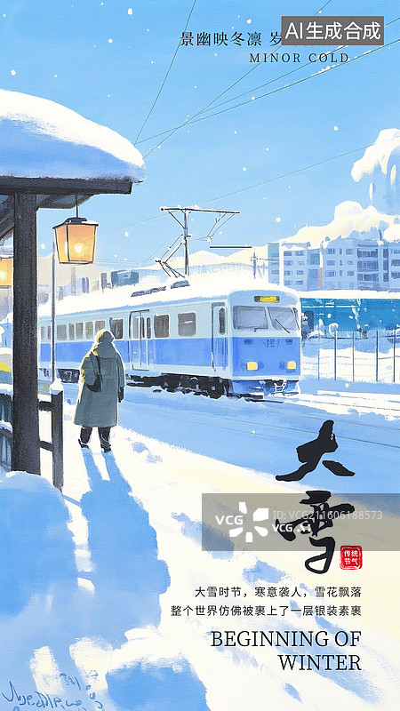 【AI数字艺术】二十四节气插画海报模版 大雪 春运冬天回乡的大火车站 大雪天停靠的火车，新年大雪下的火车站 竖版图片素材