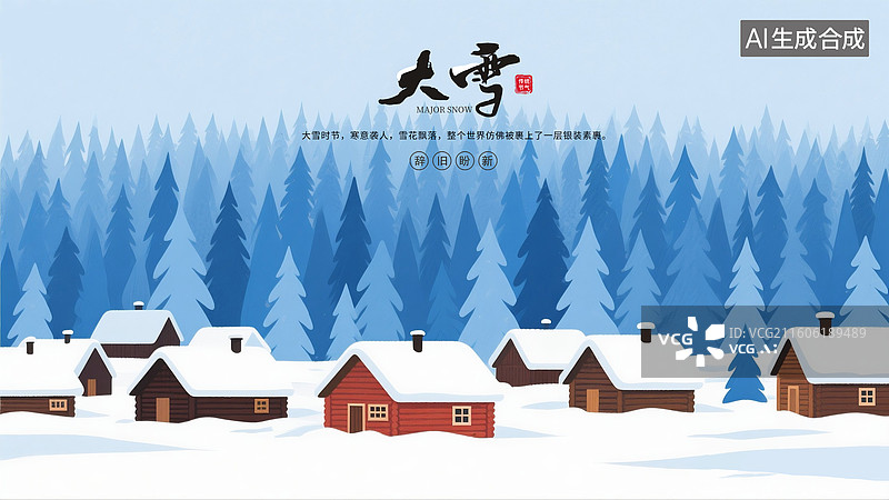 【AI数字艺术】二十四节气插画海报 大雪 大雪覆盖下的村庄房屋，大雪中的森林 霜冻的雾凇，蓝色树林背景 横版图片素材