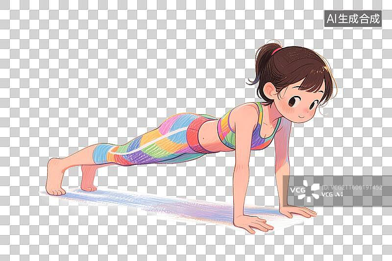 【AI数字艺术】手绘彩铅插画正在健身房做平板支撑力量训练的年轻女性免扣元素图片素材