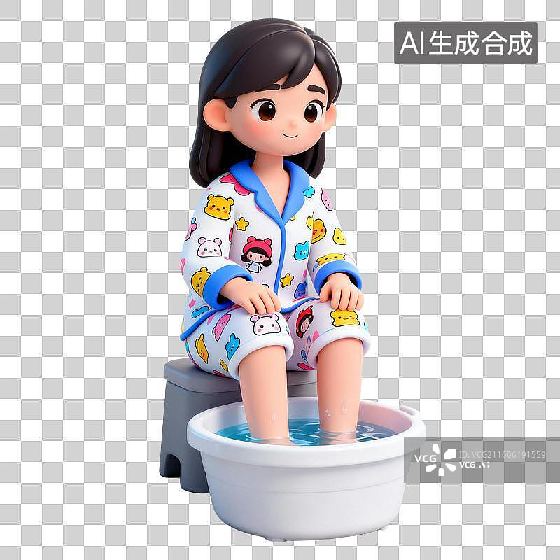 【AI数字艺术】3D拟物风格医疗器械医疗用品元素女生在泡脚图片素材