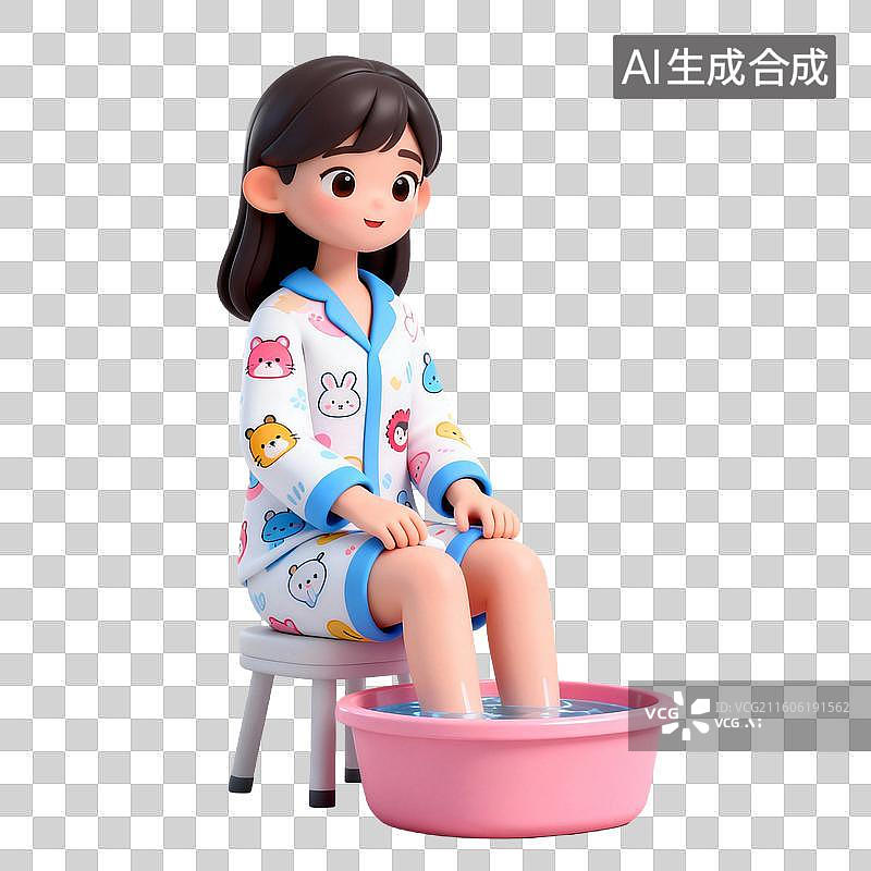 【AI数字艺术】3D拟物风格医疗器械医疗用品元素女生在泡脚图片素材