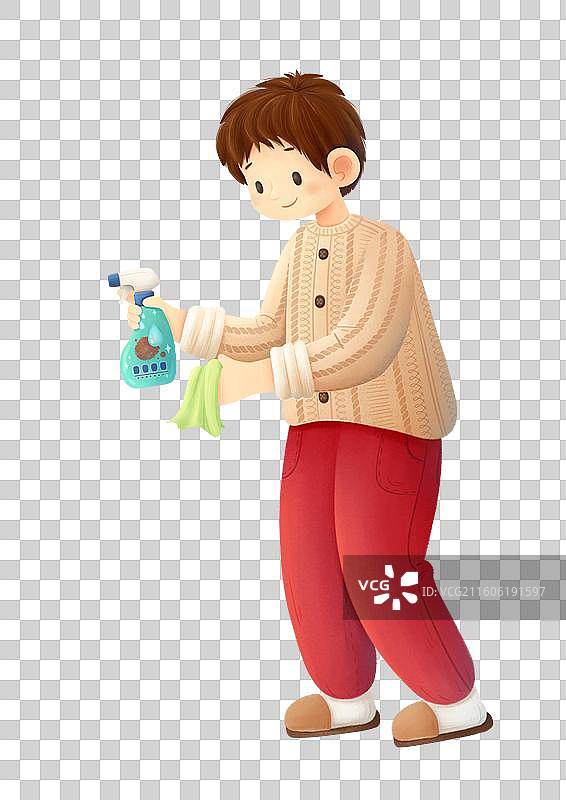 男孩手持喷壶抹布搞清洁图片素材