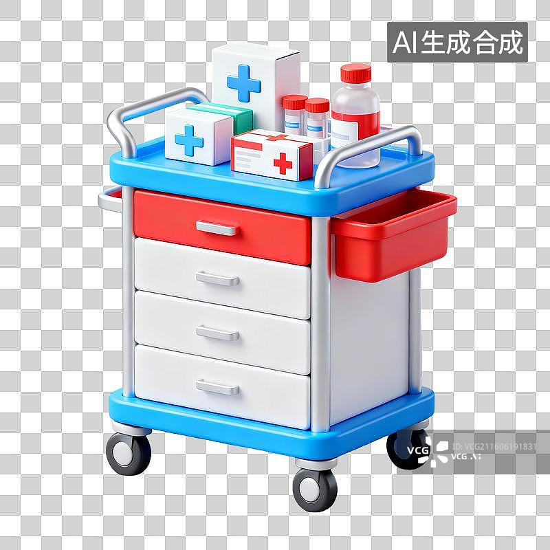 【AI数字艺术】3D拟物风格医疗器械医疗用品元素药品推车图片素材