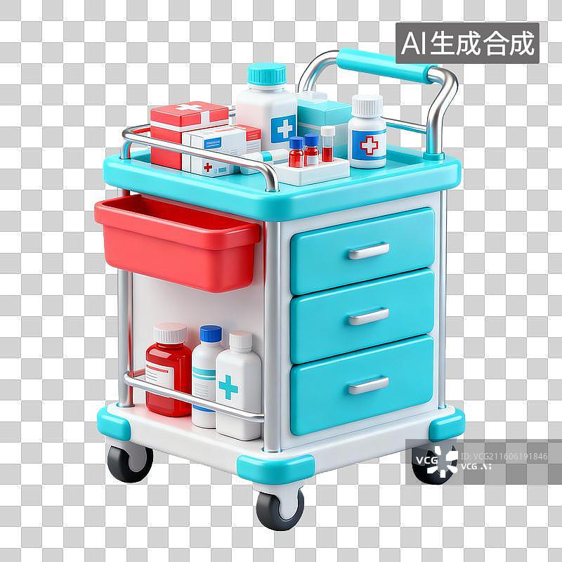 【AI数字艺术】3D拟物风格医疗器械医疗用品元素药品推车图片素材