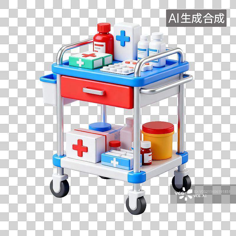 【AI数字艺术】3D拟物风格医疗器械医疗用品元素药品推车图片素材